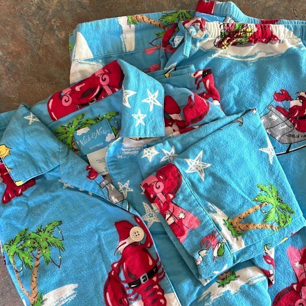 Nick & Nora Santa Claws Flannel Pajama Set Holiday Christmas Lobster Santa Seaho - Picture 3 of 10